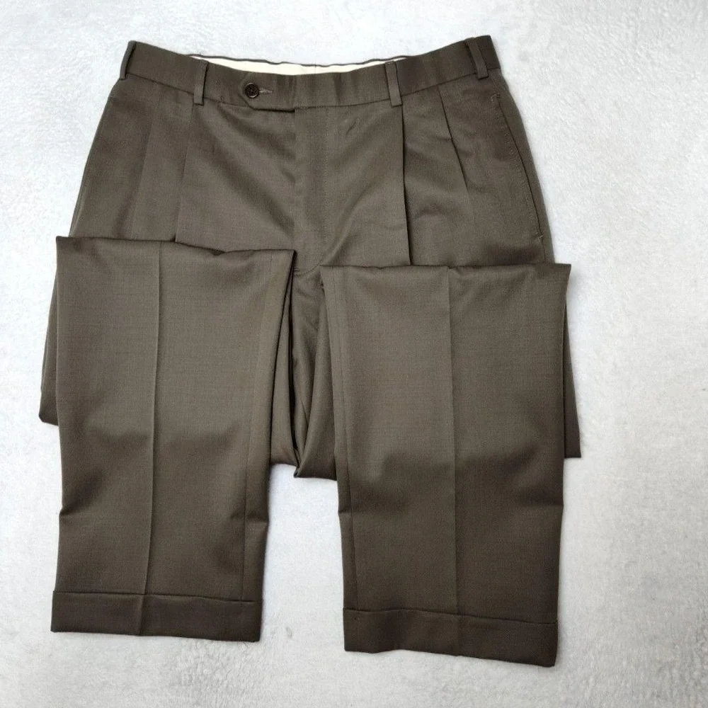 Brooks Brothers Pants Mens 34x32 Brown Wool Pleated Cuffed Dress Suit Slacks